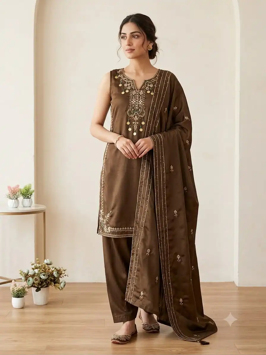 LG 2126 Brown Cos Moss Salwar Suit with Embroidery Work & Sequins Work. Affordable Price ₹2149. Delivery 4-6 Working Days. Shop now. | Jump Suits, Salwar suit, Designer Suits, Casual Suits, Creative suits, Palazzo Suits, Party Wear Suits, Patiala Suits, Straight Suits