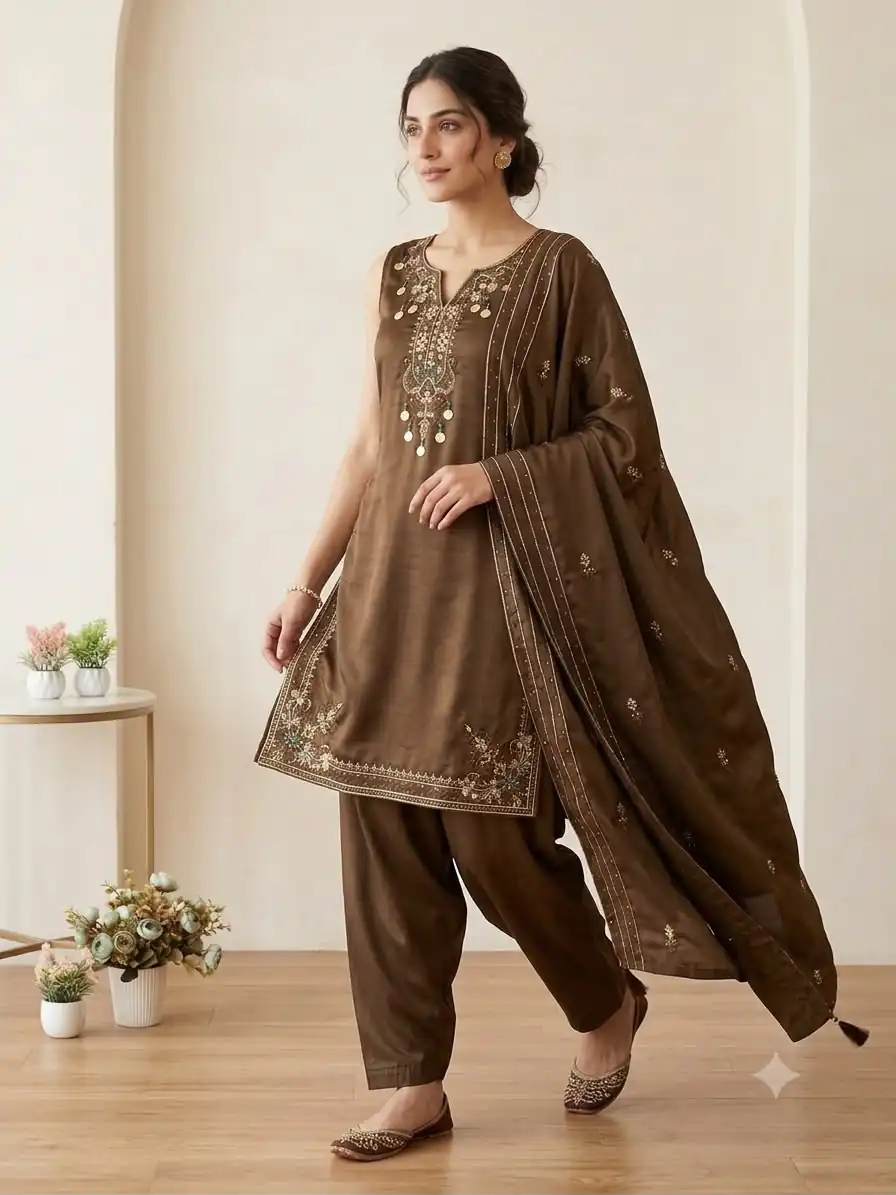 LG 2126 Brown Cos Moss Salwar Suit with Embroidery Work & Sequins Work. Affordable Price ₹2149. Delivery 4-6 Working Days. Shop now. | Jump Suits, Salwar suit, Designer Suits, Casual Suits, Creative suits, Palazzo Suits, Party Wear Suits, Patiala Suits, Straight Suits