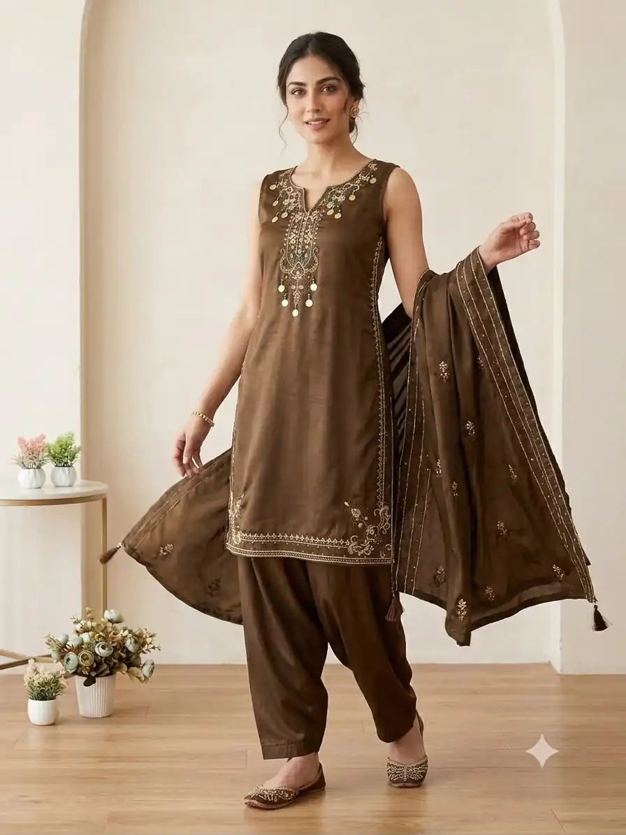 LG 2126 Brown Cos Moss Salwar Suit with Embroidery Work & Sequins Work. Affordable Price ₹2149. Delivery 4-6 Working Days. Shop now. | Jump Suits, Salwar suit, Designer Suits, Casual Suits, Creative suits, Palazzo Suits, Party Wear Suits, Patiala Suits, Straight Suits