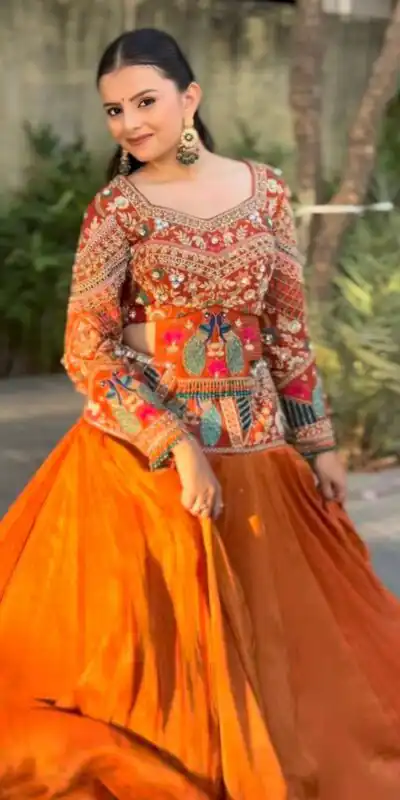 PC 579 Orange Chinon silk Lehenga Choli with Sequins Work & Embroidery Work. Now at just ₹2749. Delivery 4-6 Working Days. Shop now. | Lehenga, Bollywood Lehenga, Creative Lehenga, Designer Lehenga, Embroidered Lehenga, Party Wear Lehenga