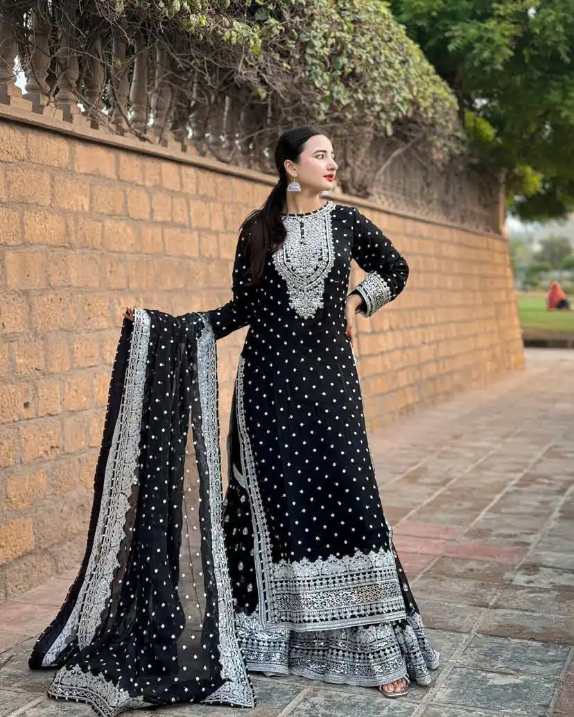 ZB 5064 Black Faux Georgette Salwar Suit with Embroidery Work. Available at ₹2049 only. Delivery 4-6 Working Days. Shop now. | Jump Suits, Salwar suit, Designer Suits, Casual Suits, Creative suits, Palazzo Suits, Party Wear Suits, Patiala Suits, Straight Suits