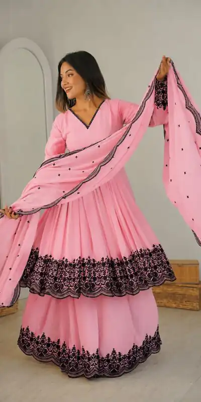 SP 71 Dusty Pink Faux Georgette Salwar Suit with Embroidery Work. Available at ₹2499 only. Delivery 4-6 Working Days. Shop now. | Jump Suits, Salwar suit, Designer Suits, Casual Suits, Creative suits, Palazzo Suits, Party Wear Suits, Patiala Suits, Straight Suits