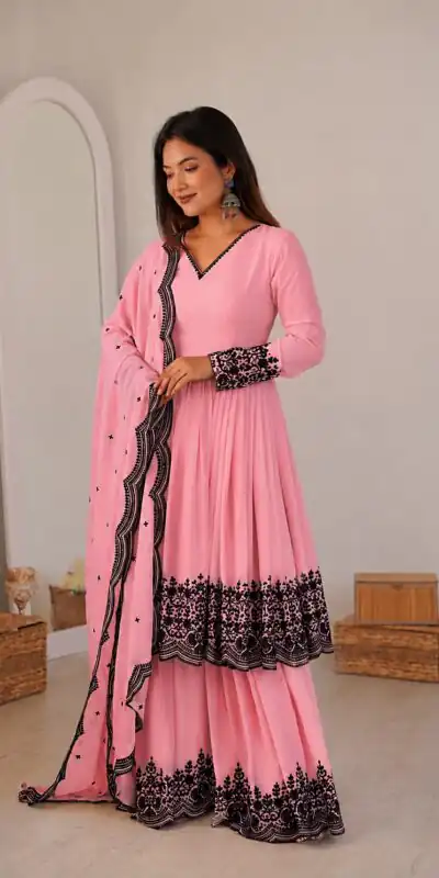 SP 71 Dusty Pink Faux Georgette Salwar Suit with Embroidery Work. Available at ₹2499 only. Delivery 4-6 Working Days. Shop now. | Jump Suits, Salwar suit, Designer Suits, Casual Suits, Creative suits, Palazzo Suits, Party Wear Suits, Patiala Suits, Straight Suits