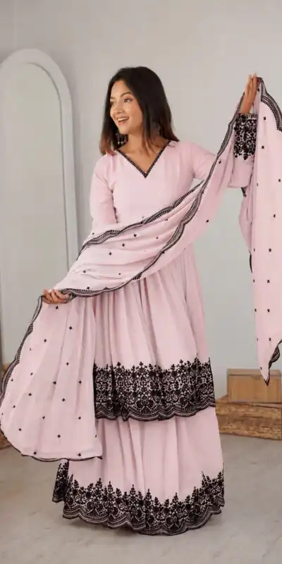 SP 71 Pink Faux Georgette Salwar Suit with Embroidery Work. Available at ₹2499 only. Delivery 4-6 Working Days. Shop now. | Jump Suits, Salwar suit, Designer Suits, Casual Suits, Creative suits, Palazzo Suits, Party Wear Suits, Patiala Suits, Straight Suits