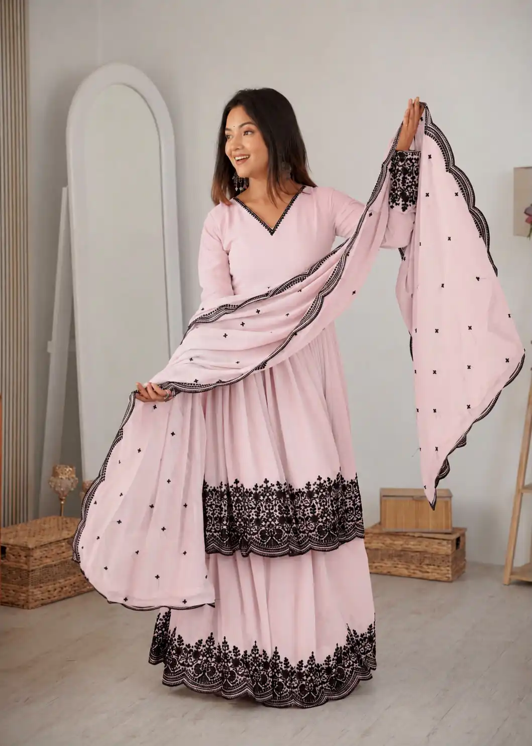 SP 71 Pink Faux Georgette Salwar Suit with Embroidery Work. Available at ₹2499 only. Delivery 4-6 Working Days. Shop now. | Jump Suits, Salwar suit, Designer Suits, Casual Suits, Creative suits, Palazzo Suits, Party Wear Suits, Patiala Suits, Straight Suits