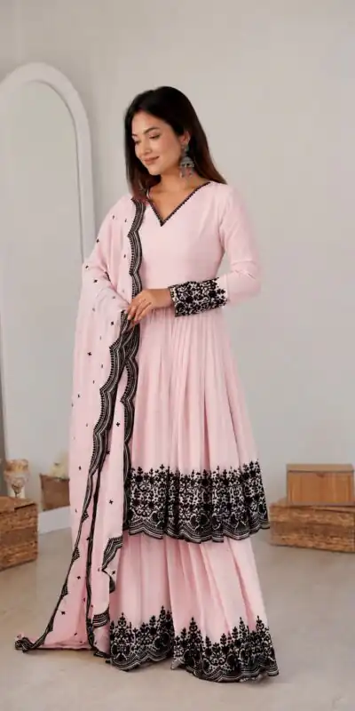 SP 71 Pink Faux Georgette Salwar Suit with Embroidery Work. Available at ₹2499 only. Delivery 4-6 Working Days. Shop now. | Jump Suits, Salwar suit, Designer Suits, Casual Suits, Creative suits, Palazzo Suits, Party Wear Suits, Patiala Suits, Straight Suits