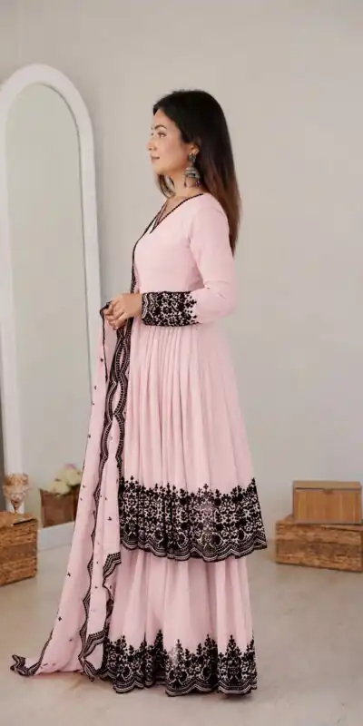 SP 71 Pink Faux Georgette Salwar Suit with Embroidery Work. Available at ₹2499 only. Delivery 4-6 Working Days. Shop now. | Jump Suits, Salwar suit, Designer Suits, Casual Suits, Creative suits, Palazzo Suits, Party Wear Suits, Patiala Suits, Straight Suits