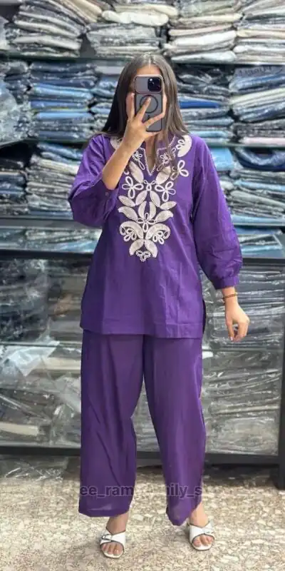 MF 1128 Purple | Color Tesla Cotton Kurti with Embroidery Work. Festive Deal ₹1449. Delivery 4-6 Working Days. Online Shop now. | Kurti, Bollywood Kurti, Creative Kurtis, Designer Kurti, Party Wear Kurti, Selfie Kurti
