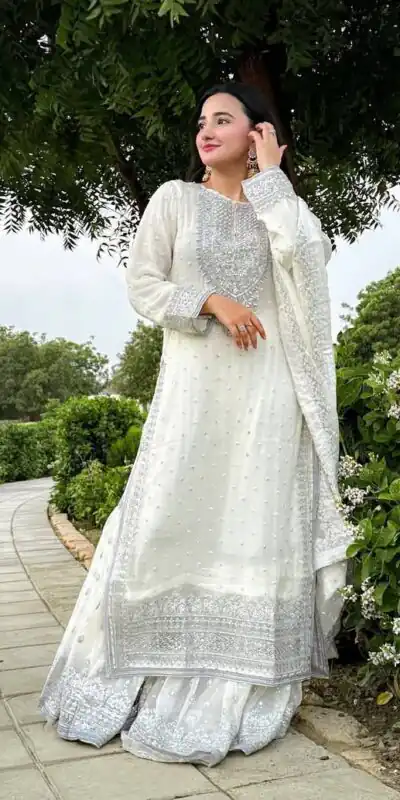 ZB 5064 White Faux Georgette Salwar Suit with Embroidery Work. Available at ₹2049 only. Delivery 4-6 Working Days. Shop now. | Jump Suits, Salwar suit, Designer Suits, Casual Suits, Creative suits, Palazzo Suits, Party Wear Suits, Patiala Suits, Straight Suits