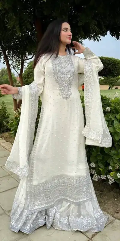 ZB 5064 White Faux Georgette Salwar Suit with Embroidery Work. Available at ₹2049 only. Delivery 4-6 Working Days. Shop now. | Jump Suits, Salwar suit, Designer Suits, Casual Suits, Creative suits, Palazzo Suits, Party Wear Suits, Patiala Suits, Straight Suits