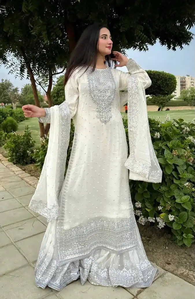 ZB 5064 White Faux Georgette Salwar Suit with Embroidery Work. Available at ₹2049 only. Delivery 4-6 Working Days. Shop now. | Jump Suits, Salwar suit, Designer Suits, Casual Suits, Creative suits, Palazzo Suits, Party Wear Suits, Patiala Suits, Straight Suits