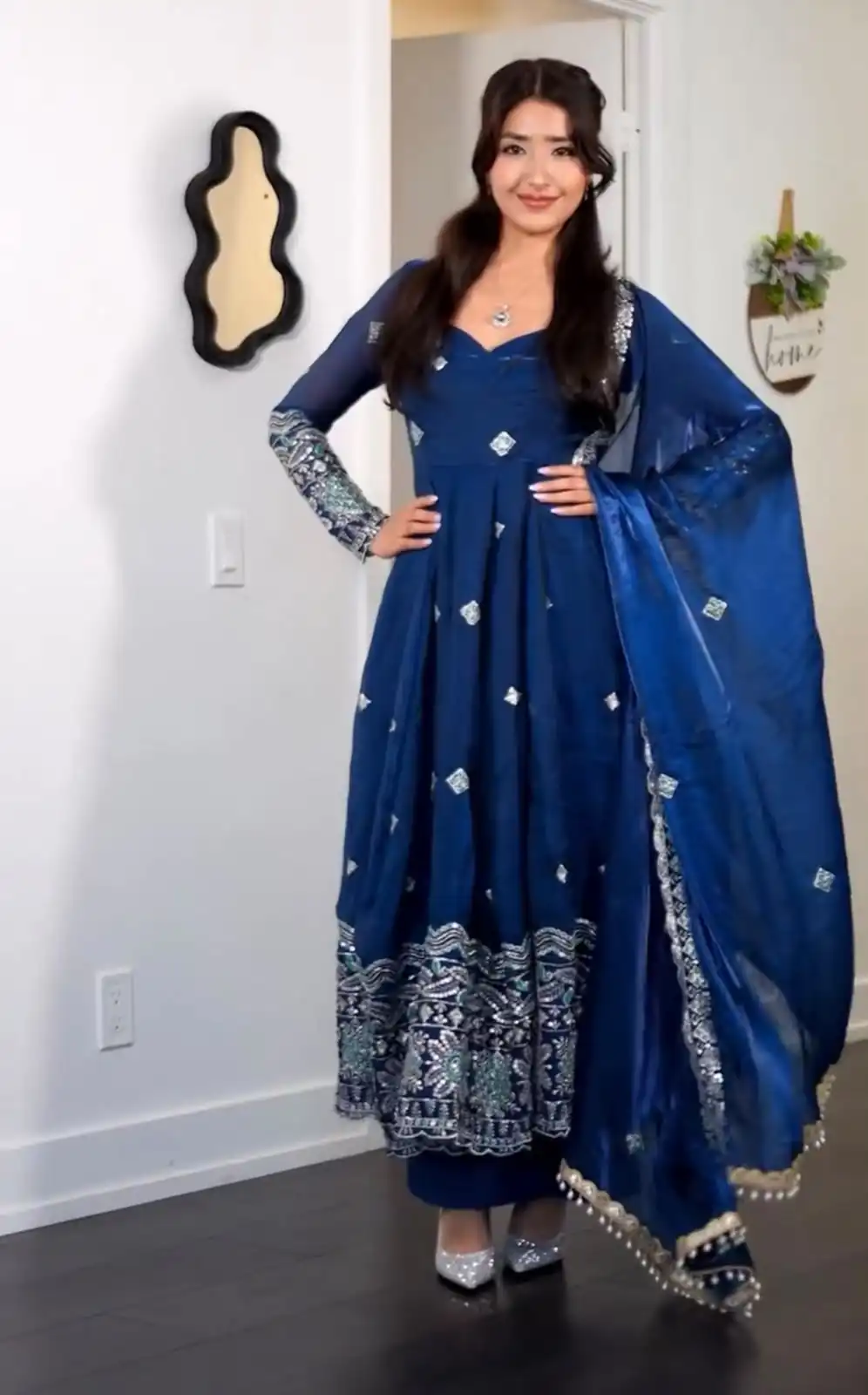Aglow Blue Fendy Satin Lace Embroidery Work Gown