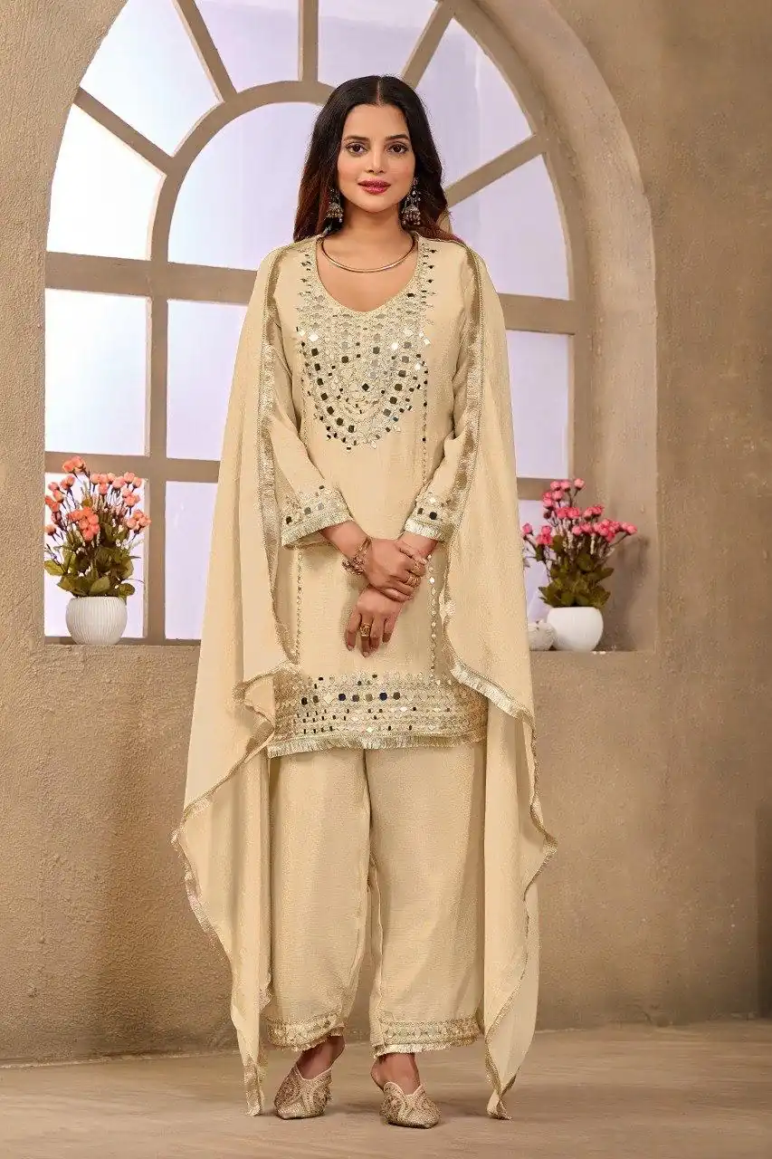 Aglow Cream Chinon Silk Mirror Work Salwar Suit - Image 2