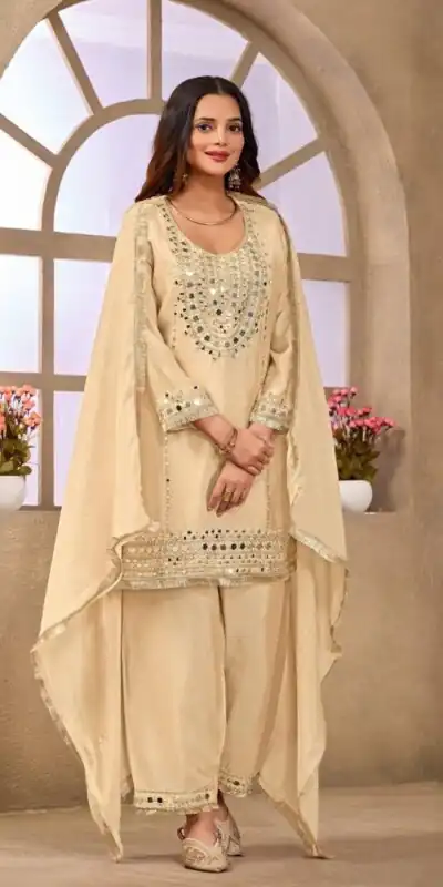 Aglow Cream Chinon Silk Mirror Work Salwar Suit