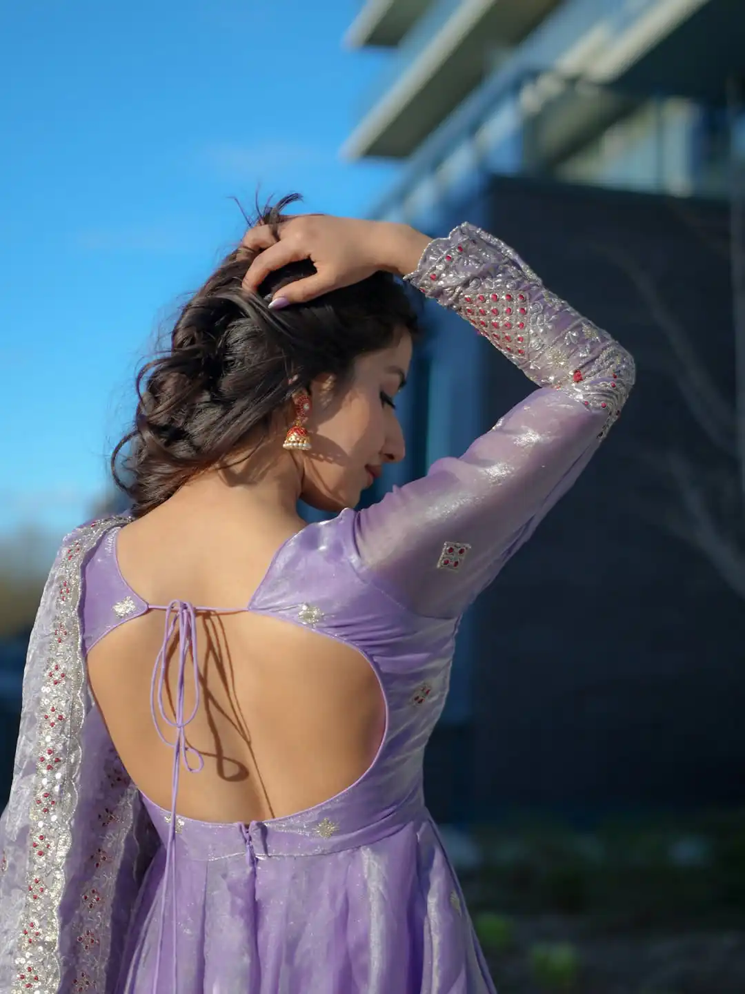 Aglow Lavender Fendy Satin Lace Embroidery Work Gown - Image 4