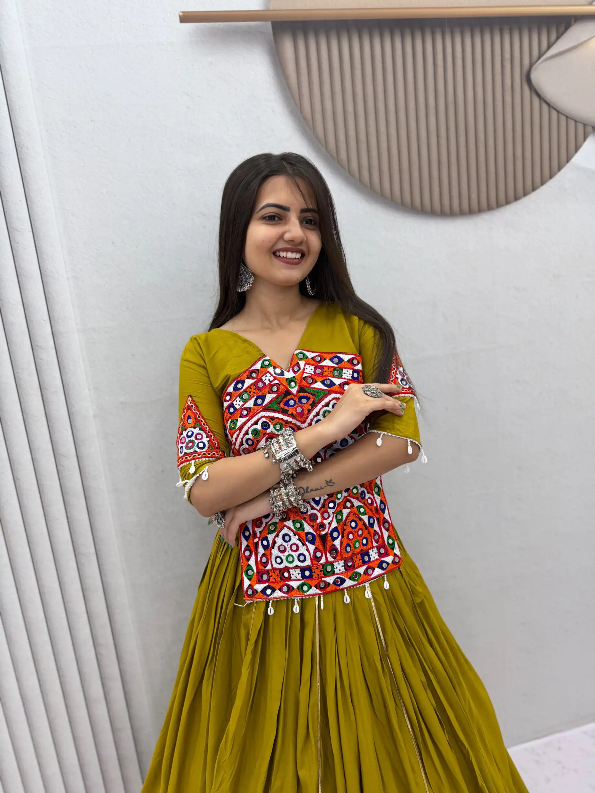 Aglow Mustered Pure Cotton Gamthi Work Lehenga Choli - Image 2