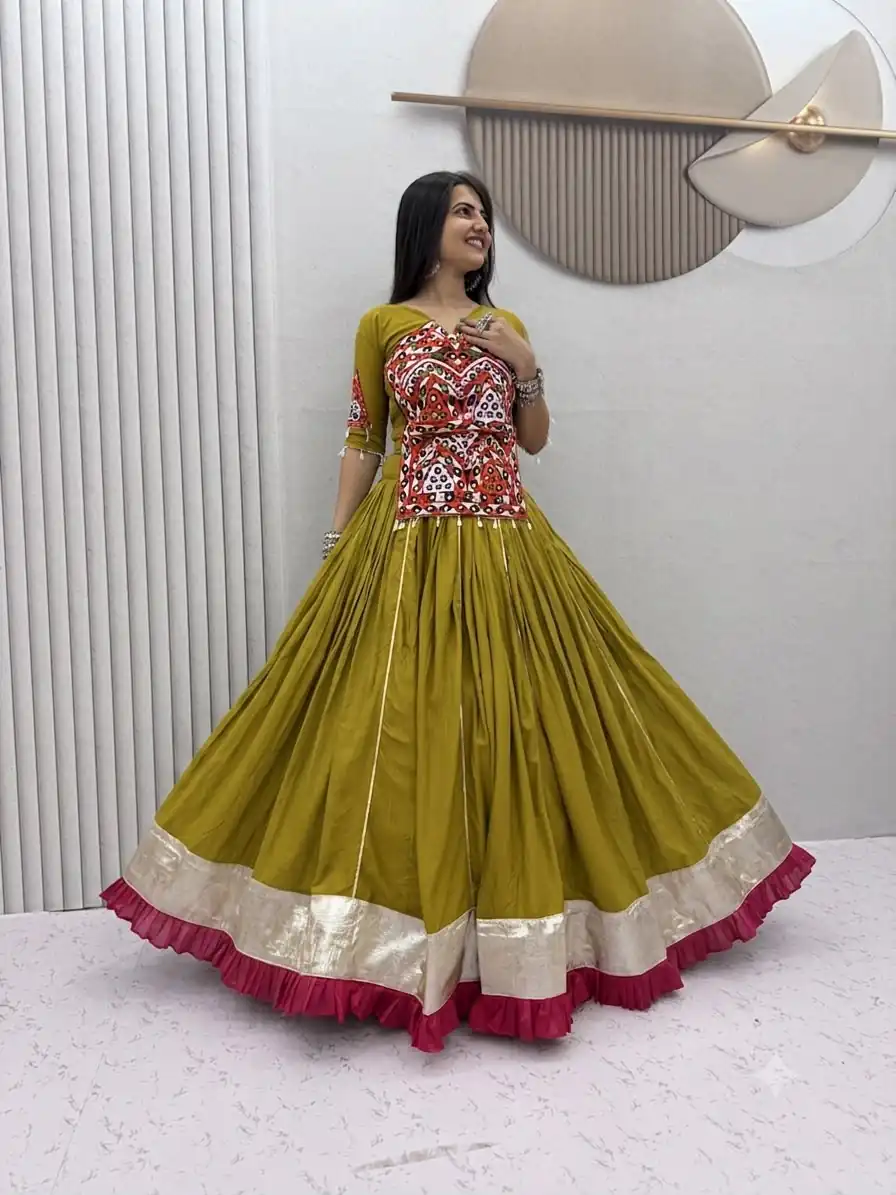 Aglow Mustered Pure Cotton Gamthi Work Lehenga Choli