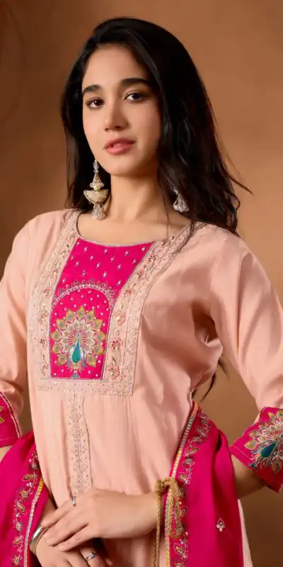 Alternative view of Aglow Peach Roman Silk Thread Work Salwar Suit