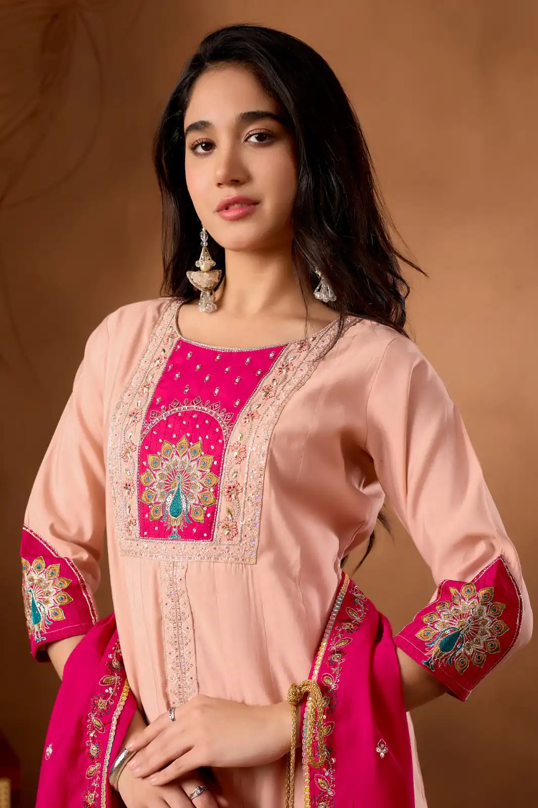 Aglow Peach Roman Silk Thread Work Salwar Suit - Image 2