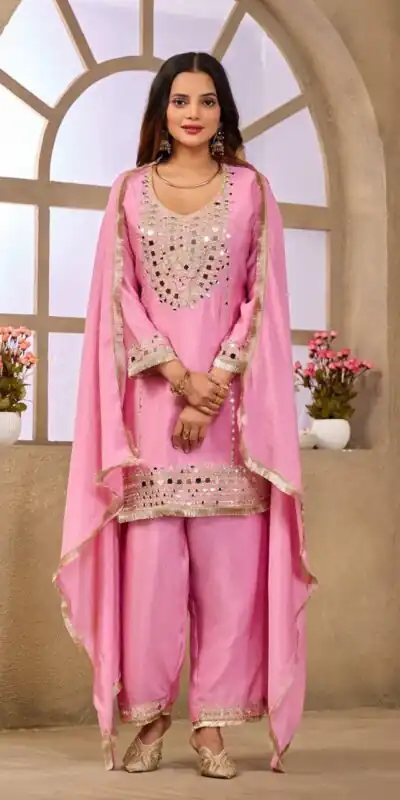 Alternative view of Aglow Pink Chinon Silk Mirror Work Salwar Suit