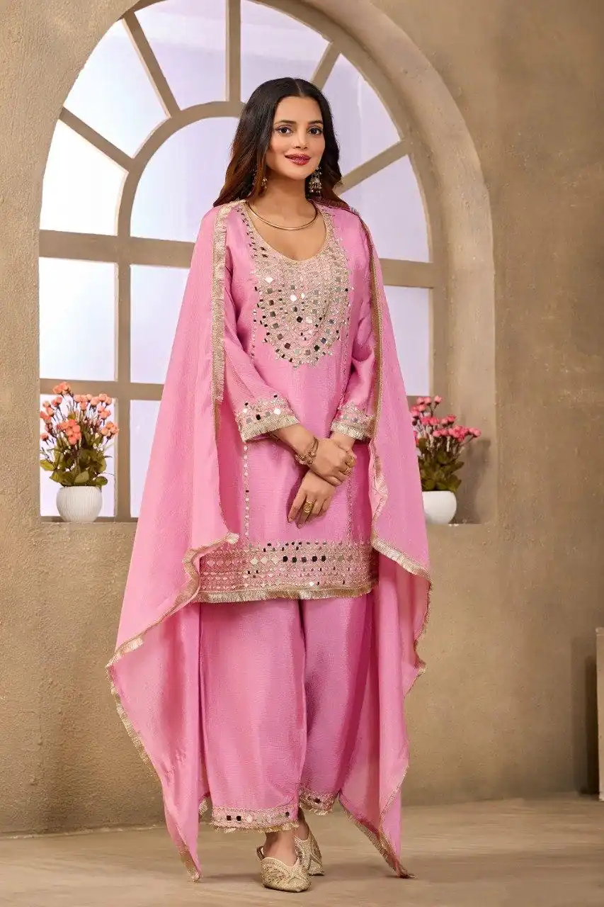 Aglow Pink Chinon Silk Mirror Work Salwar Suit