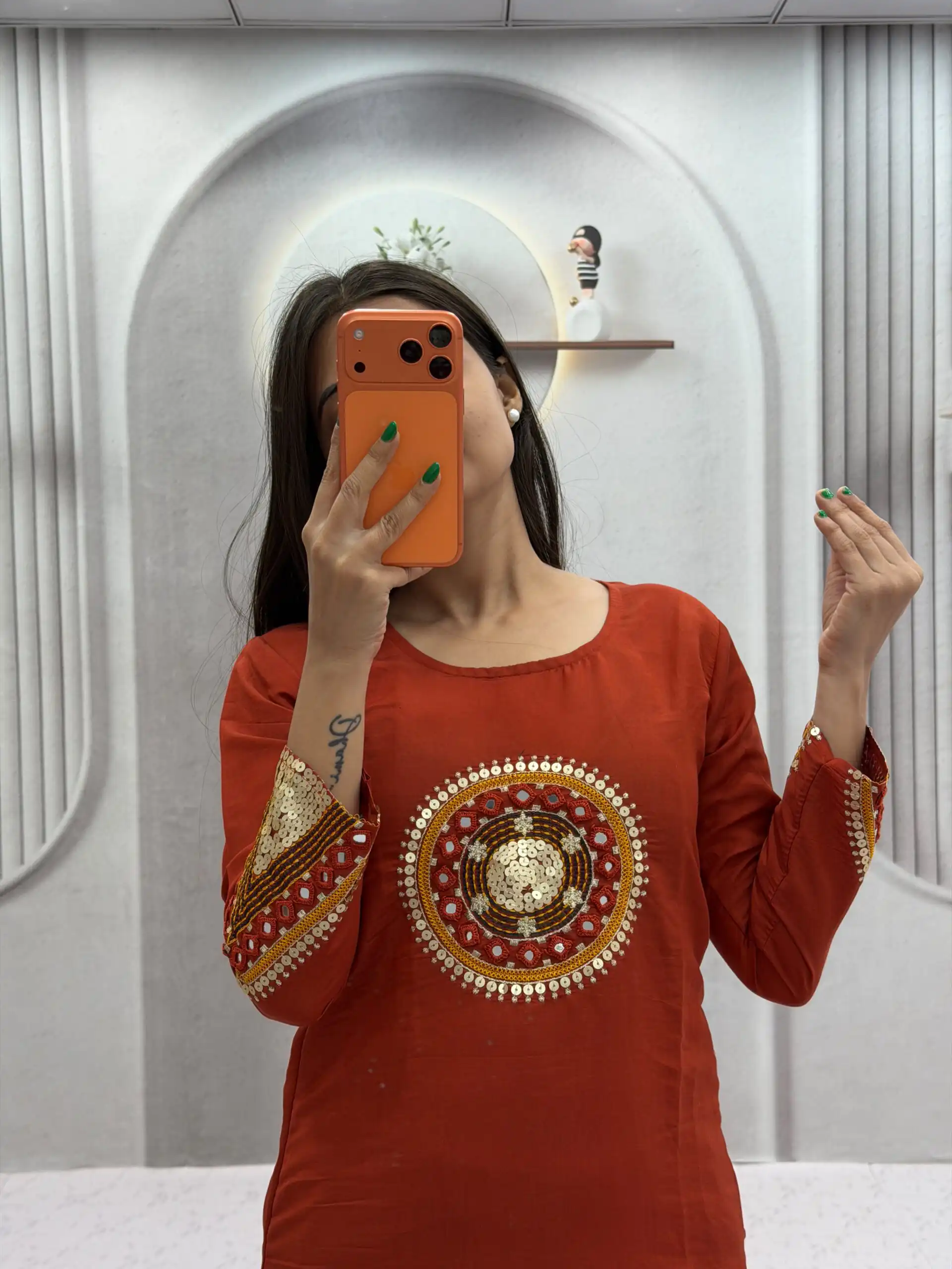 Aglow Rust Roman Silk Hand Work Salwar Suit - Image 6