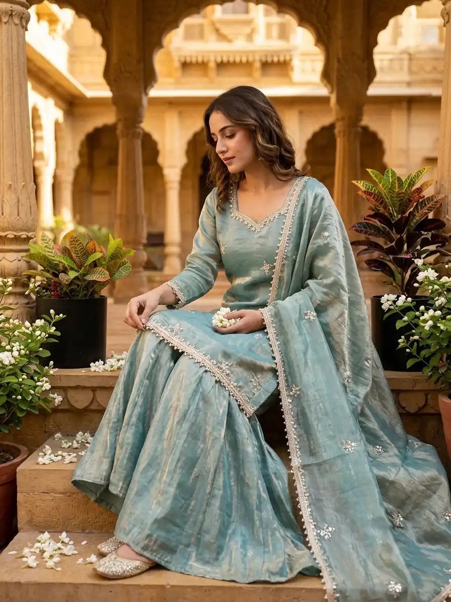 Aglow Teal Fendy Silk ⁠Embroidery Work Salwar Suit - Image 6