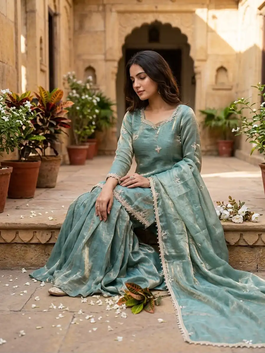 Aglow Teal Fendy Silk ⁠Embroidery Work Salwar Suit - Image 5