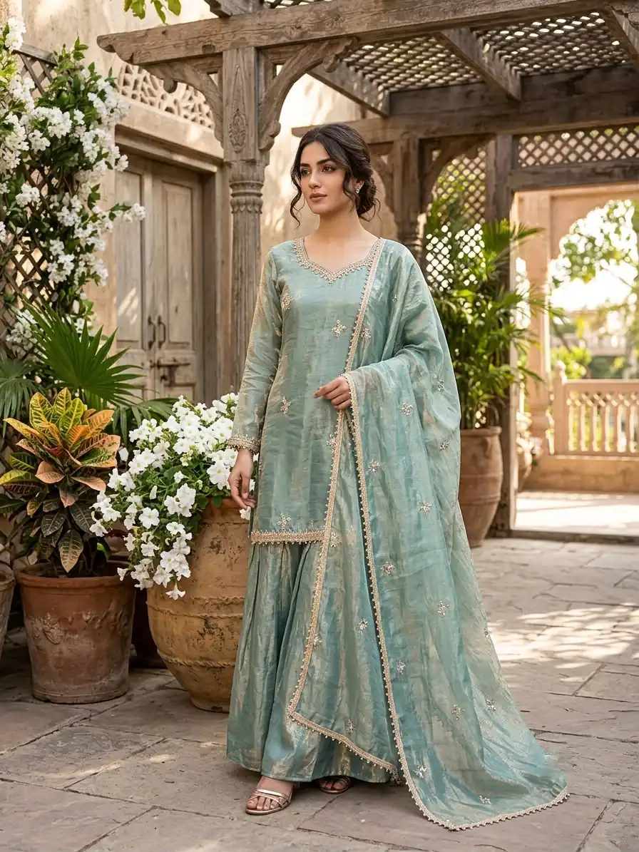 Aglow Teal Fendy Silk ⁠Embroidery Work Salwar Suit - Image 2