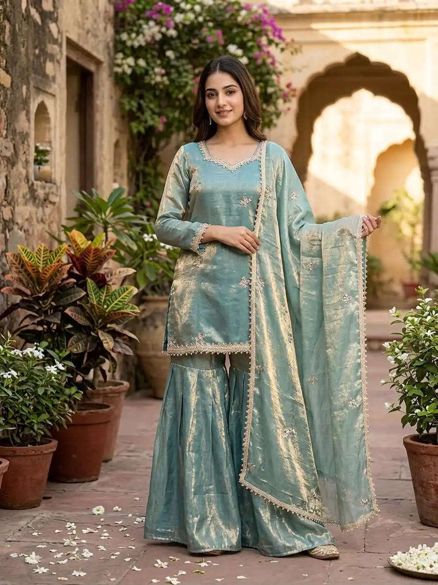 Aglow Teal Fendy Silk ⁠Embroidery Work Salwar Suit