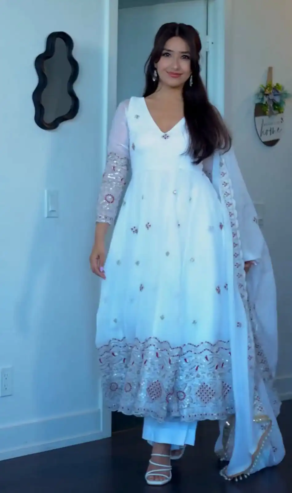 Aglow White Fendy Satin Lace Embroidery Work Gown