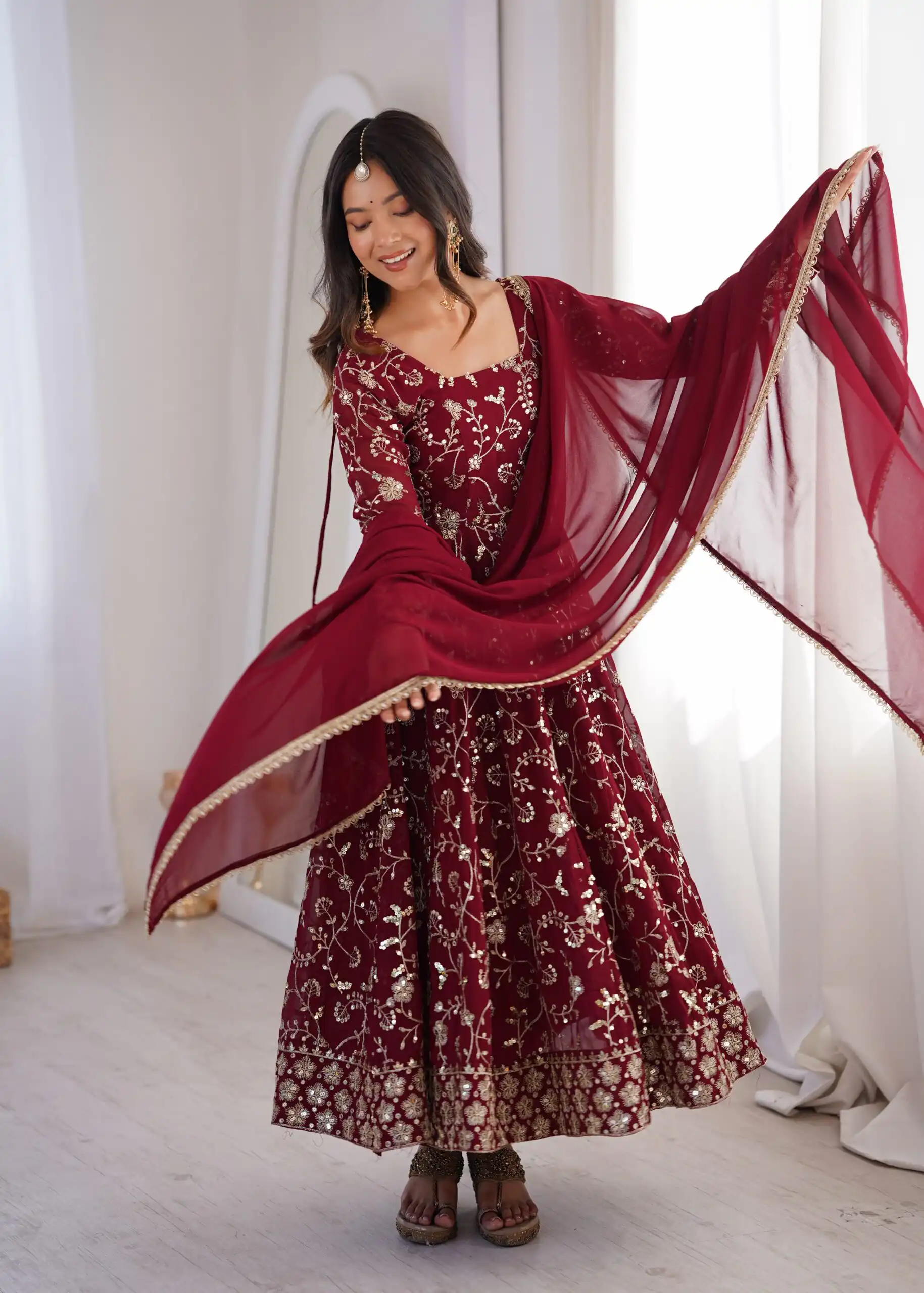 Beautiful Maroon Fox Georgette Embroidery Work Gown - Image 4