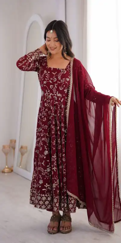Beautiful Maroon Fox Georgette Embroidery Work Gown