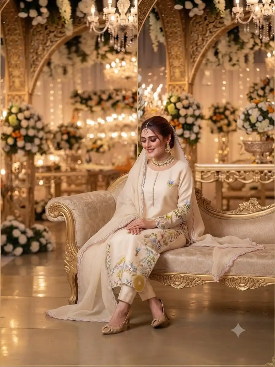 Beautiful Off White Glass Roman Embroidery Work Salwar Suit - Image 2