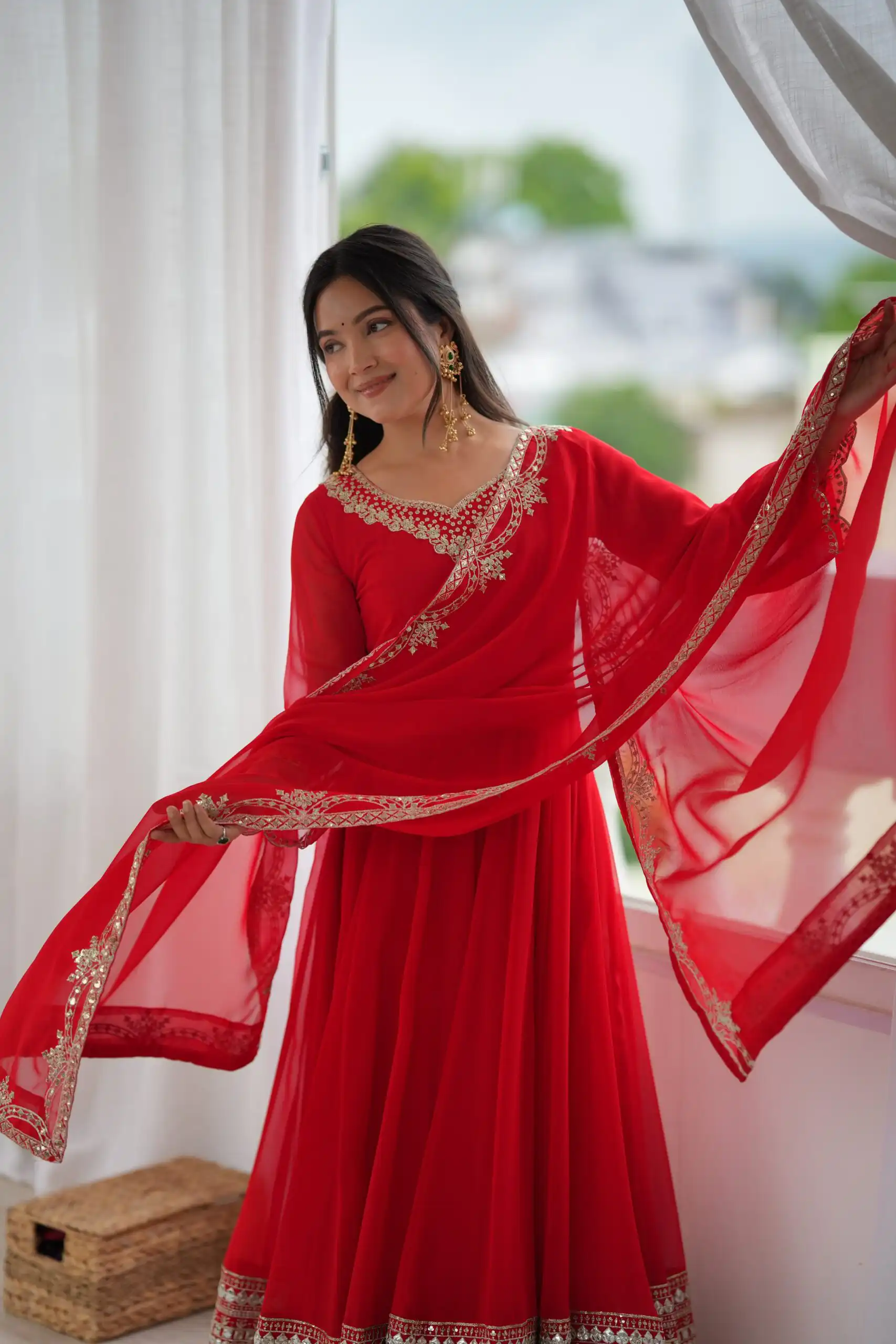 Beautiful Red Fox Georgette Sequence Work Gown - Image 9