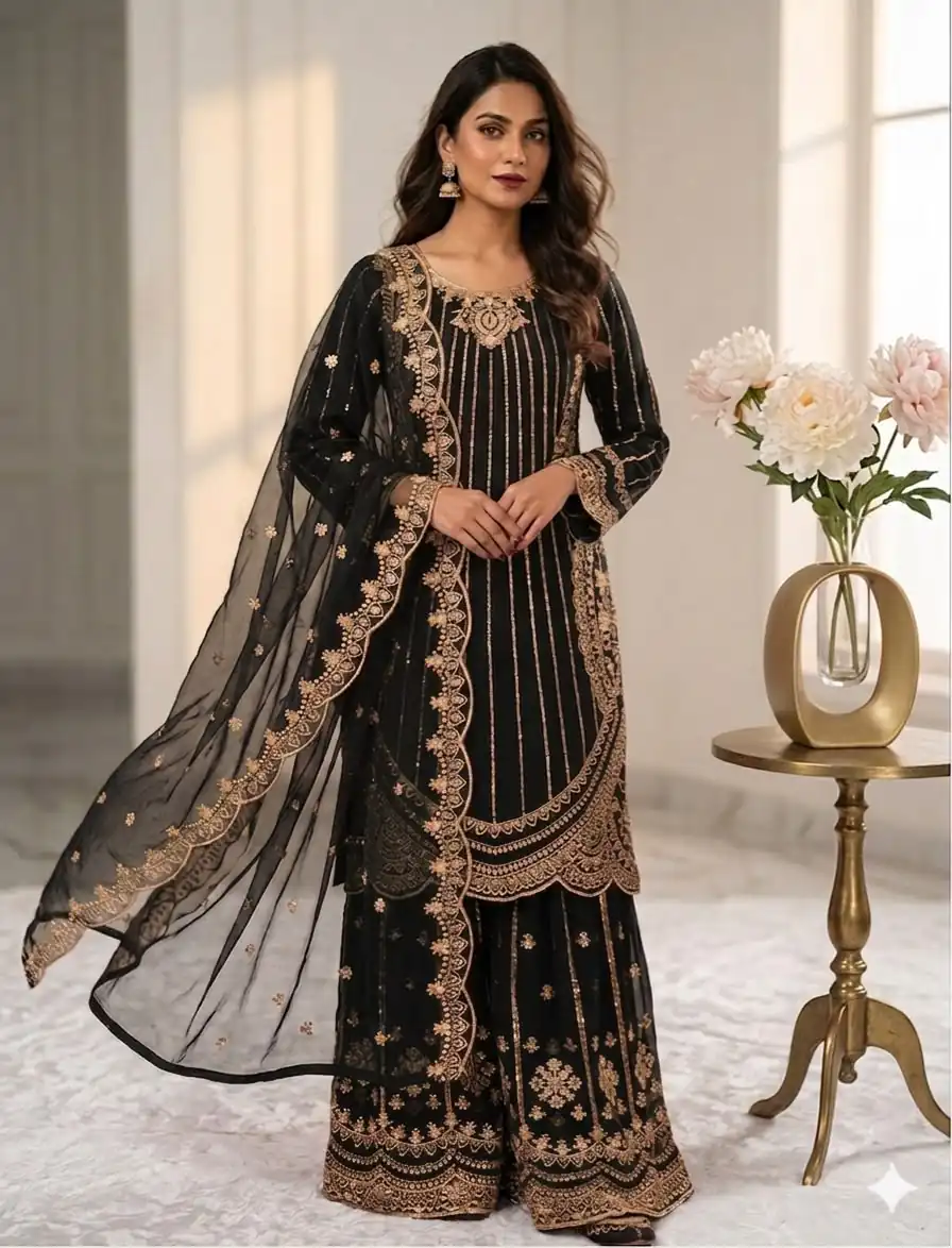Classic Black Faux Georgette Cut Work Salwar Suit