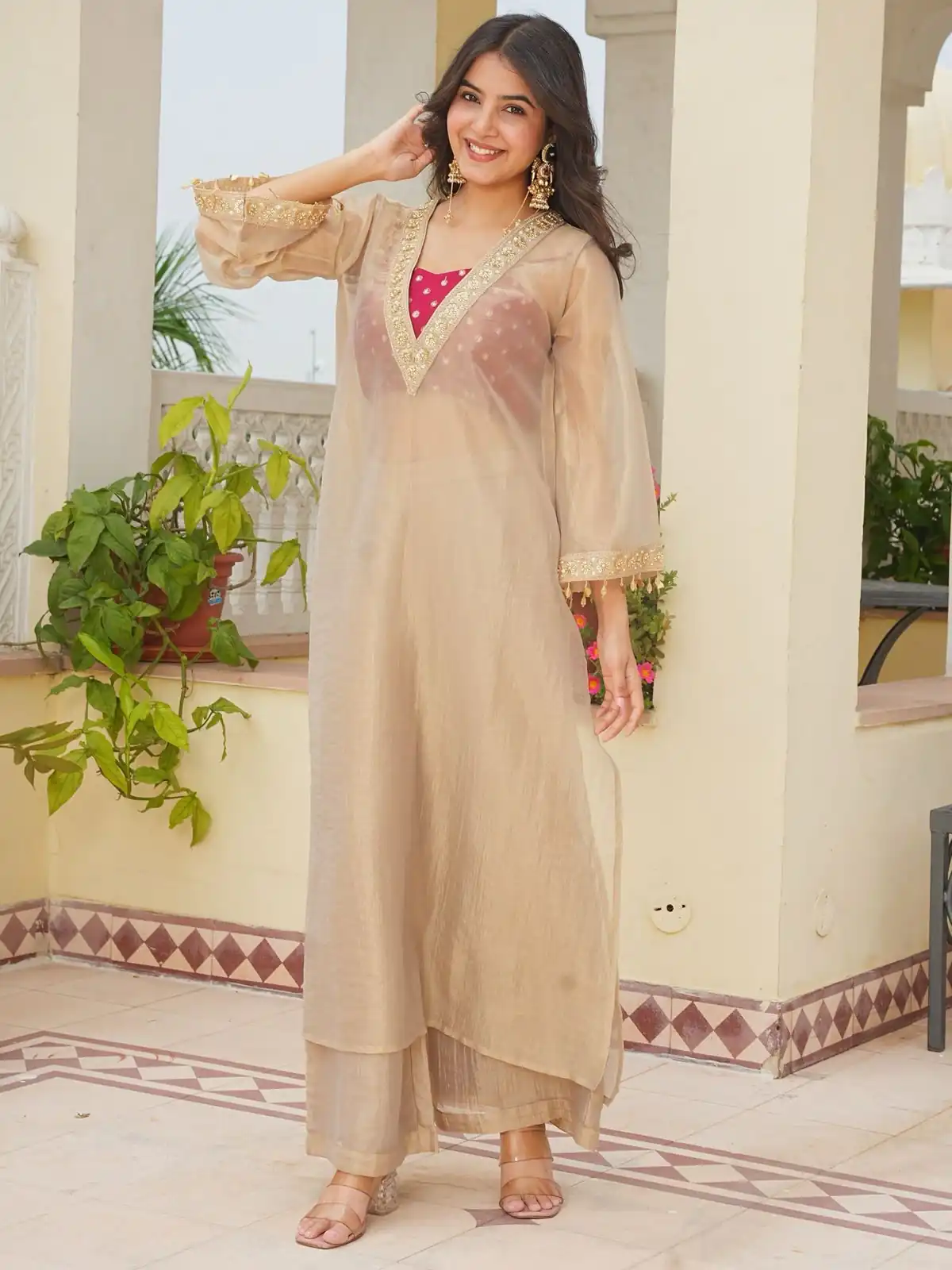 Classic Cream Golden Tissue With Embroidery Salwar Suit - Image 3