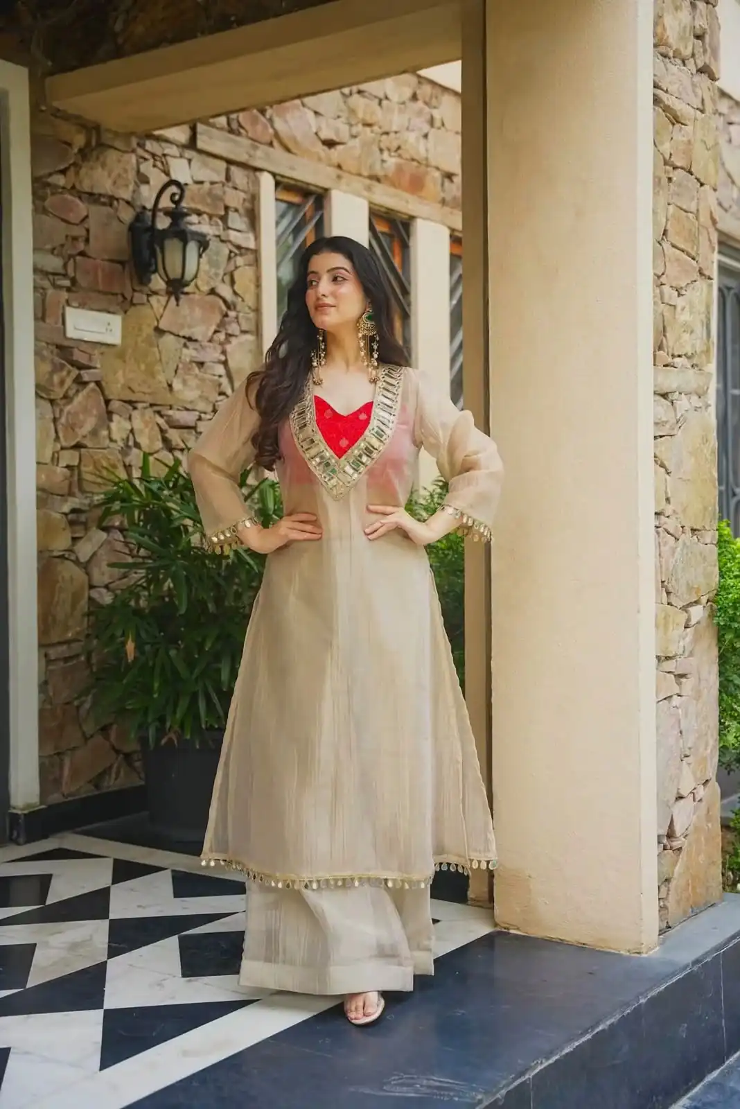 Fancy Chiku Salsa Silk Mirror Work Salwar Suit - Image 3