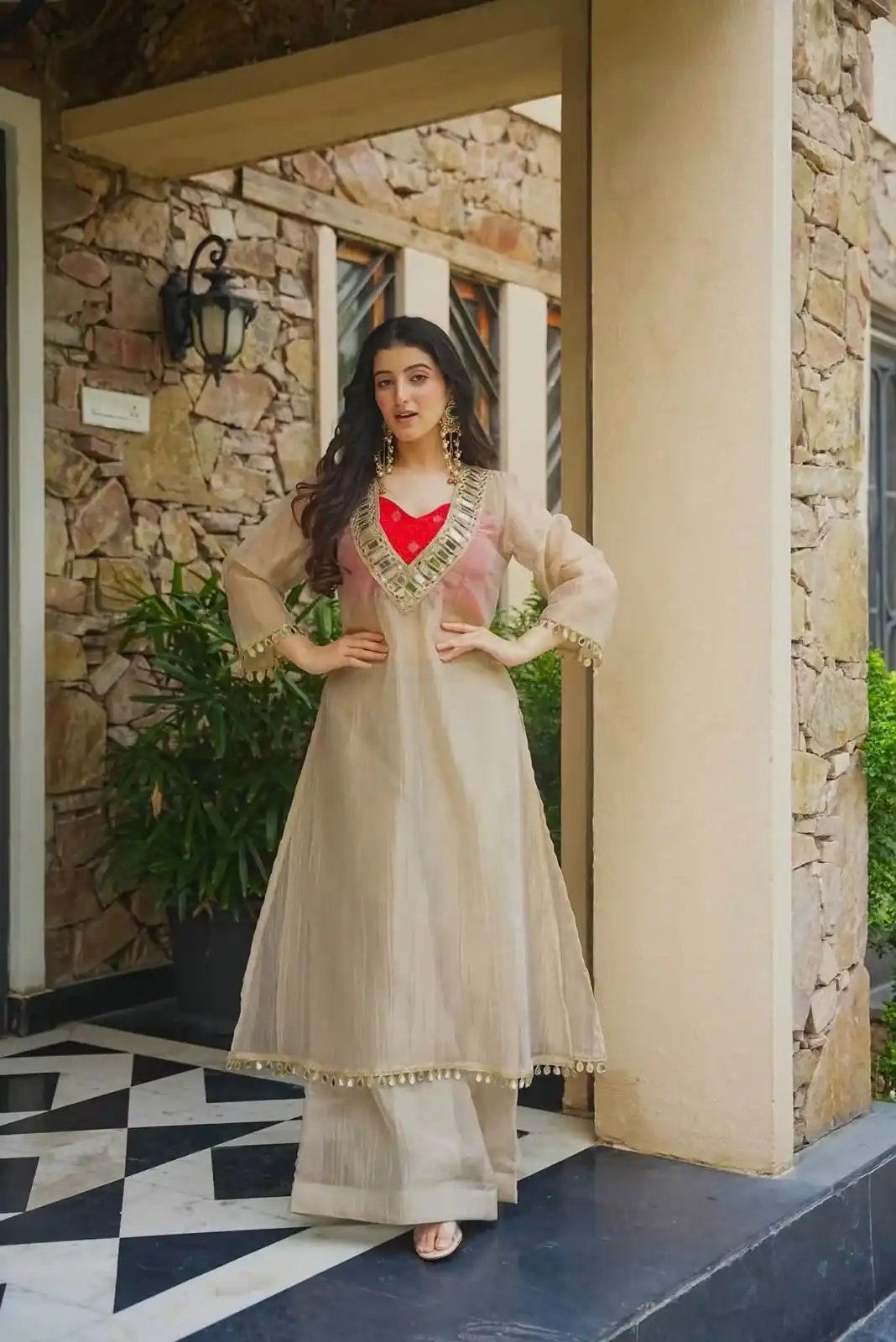 Fancy Chiku Salsa Silk Mirror Work Salwar Suit