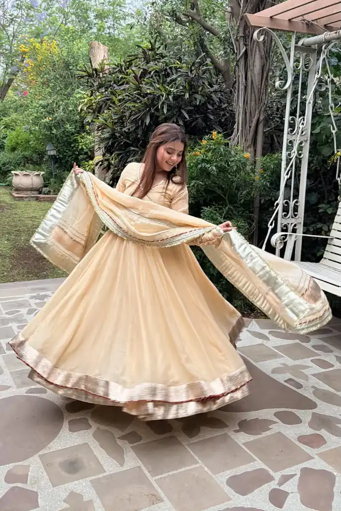 Fancy Cream Tabby Organza Silk Hand Work Gown - Image 2