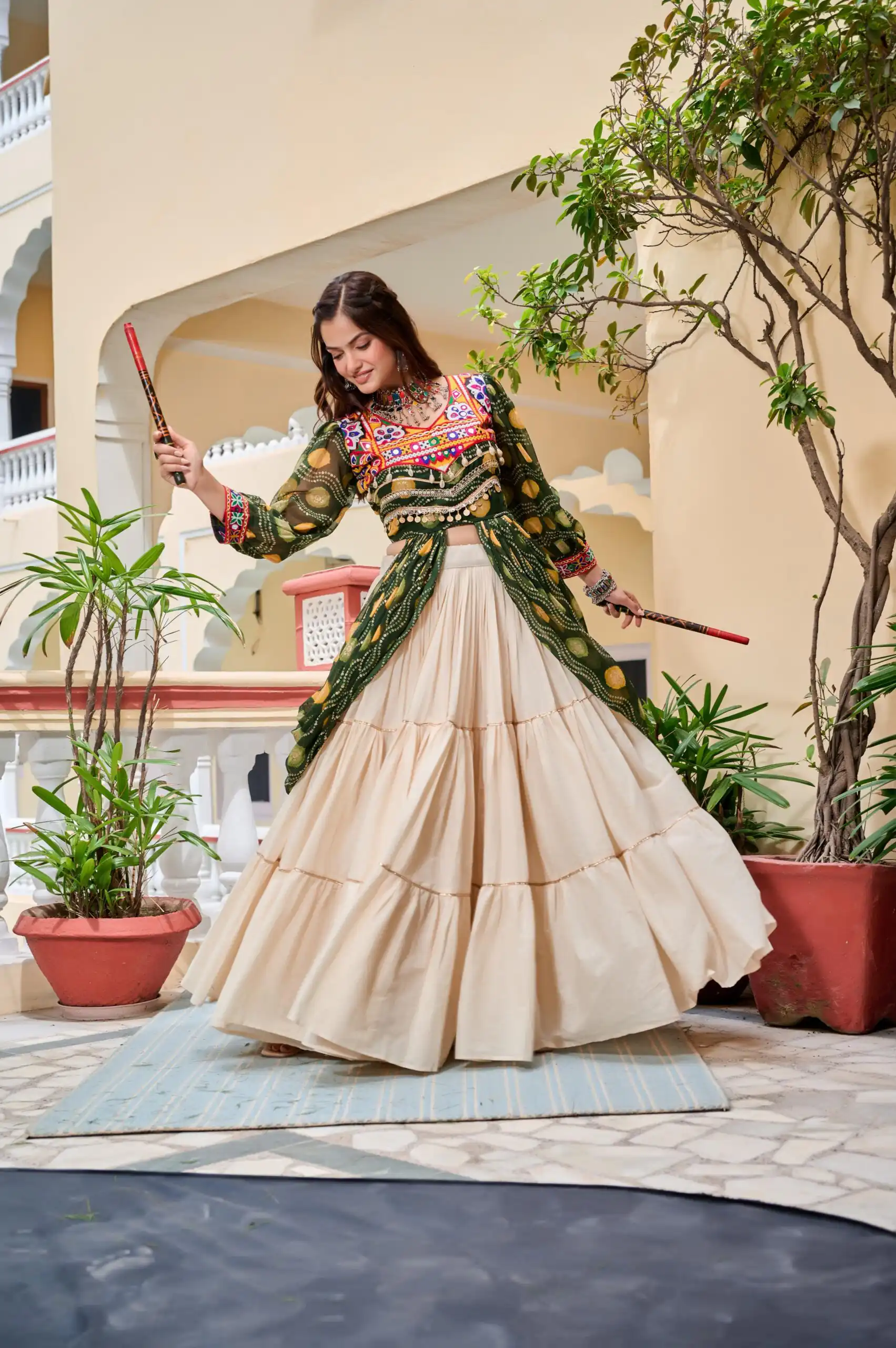 Fancy Green Pure Cotton Gamthi Work Lehenga Choli - Image 5