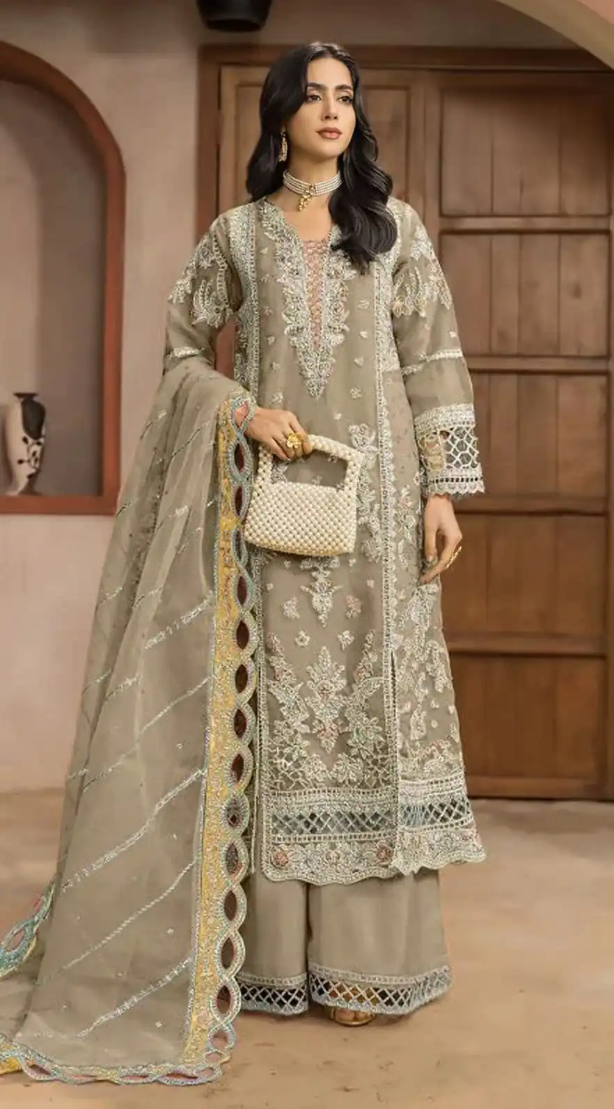 Fancy Grey Chiffon Embroidery Sequins Work Salwar Suit