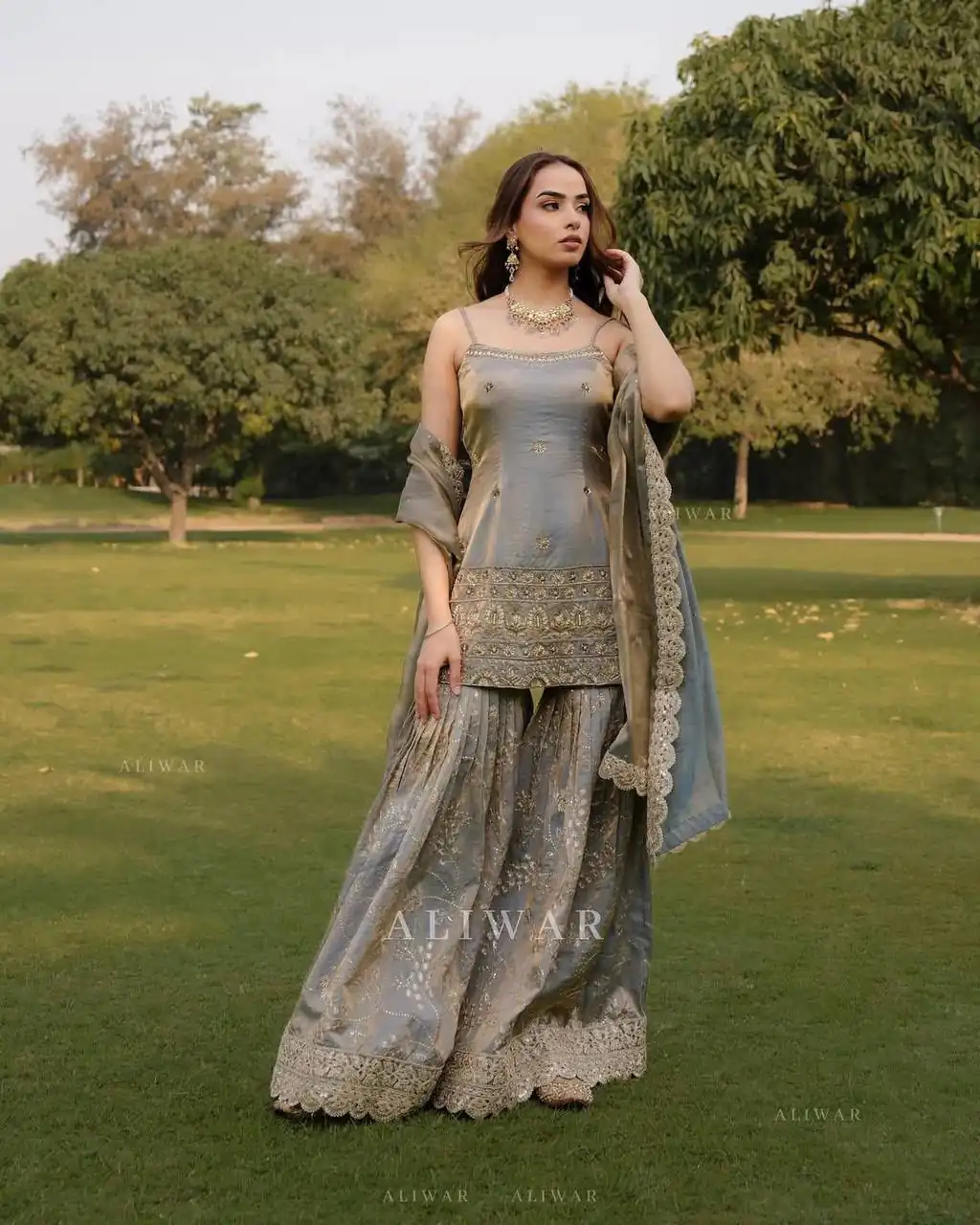 Fancy Grey Organza Silk Sequence Work Salwar Suit
