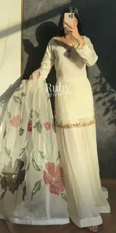 Fancy Off White Faux Georgette Sequence Work Salwar Suit