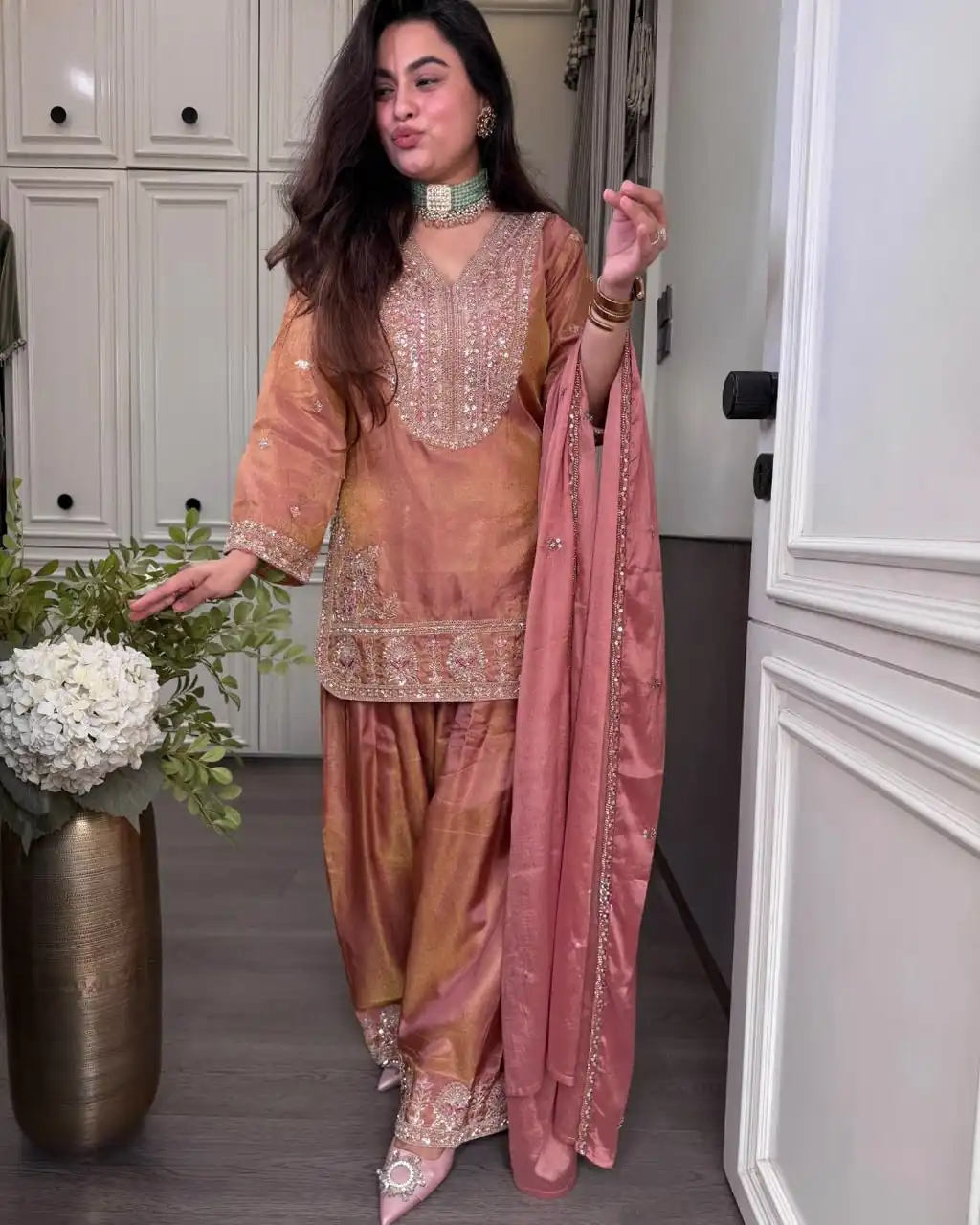 Fancy Peach Ronald Silk Sequins Work Salwar Suit - Image 3