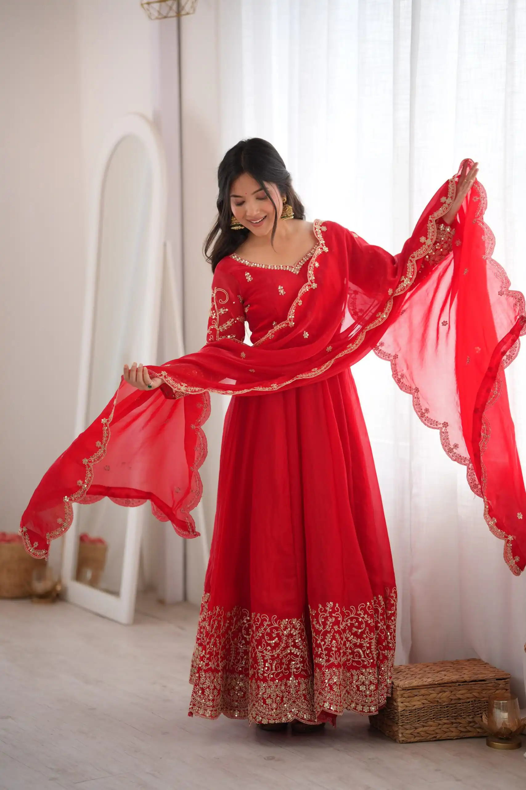 Fancy Red Fendy Silk Embroider Sequins Work Gown - Image 3