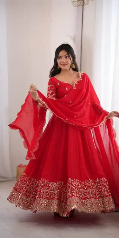 Fancy Red Fendy Silk Embroider Sequins Work Gown