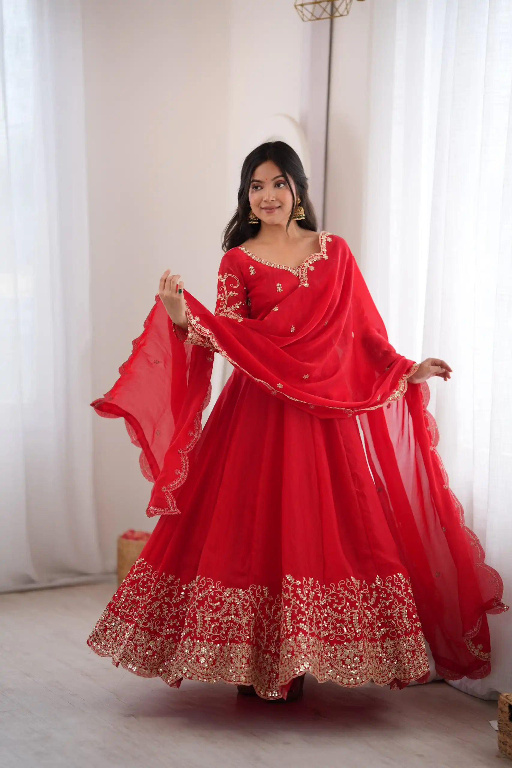 Fancy Red Fendy Silk Embroider Sequins Work Gown