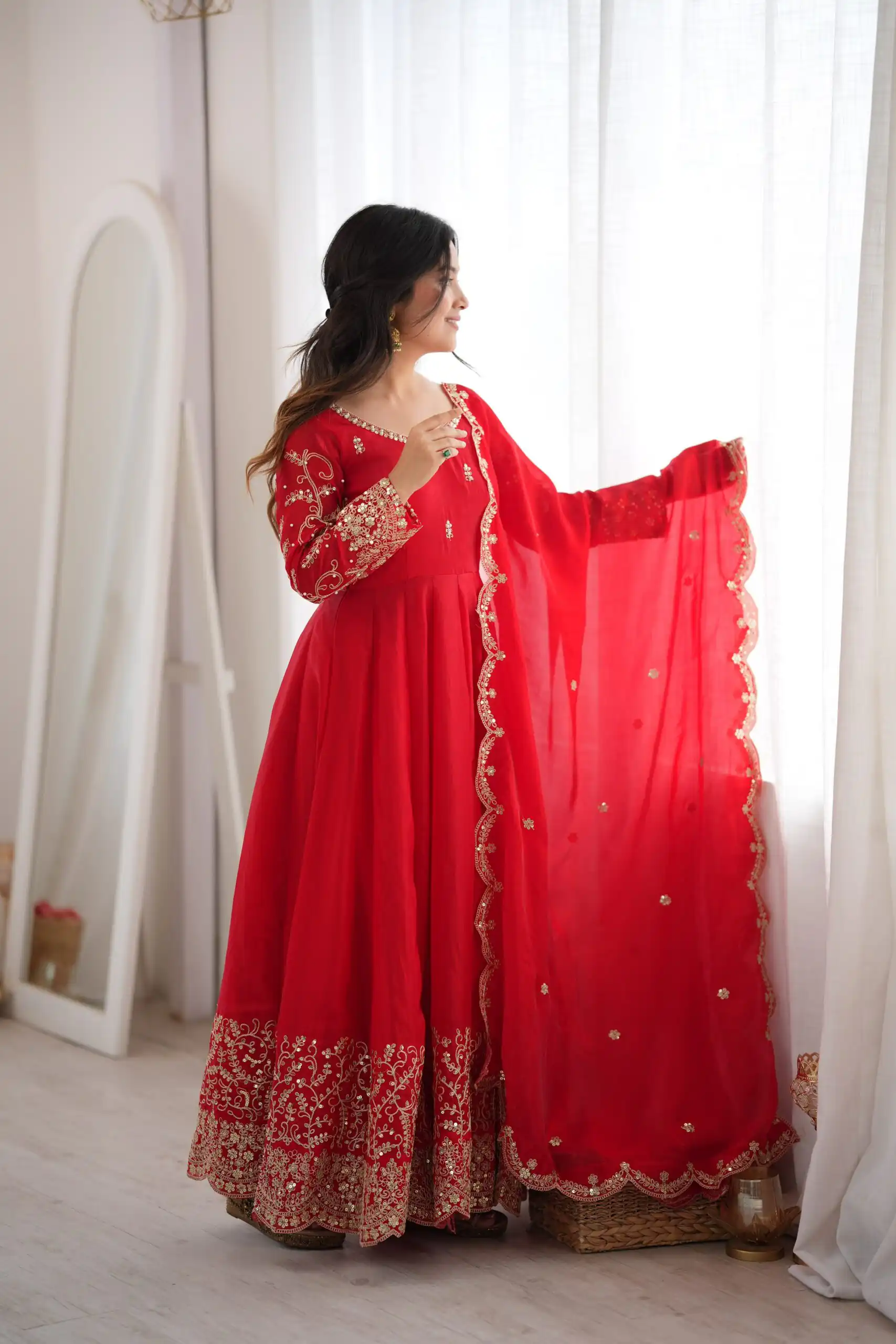 Fancy Red Fendy Silk Embroider Sequins Work Gown - Image 10