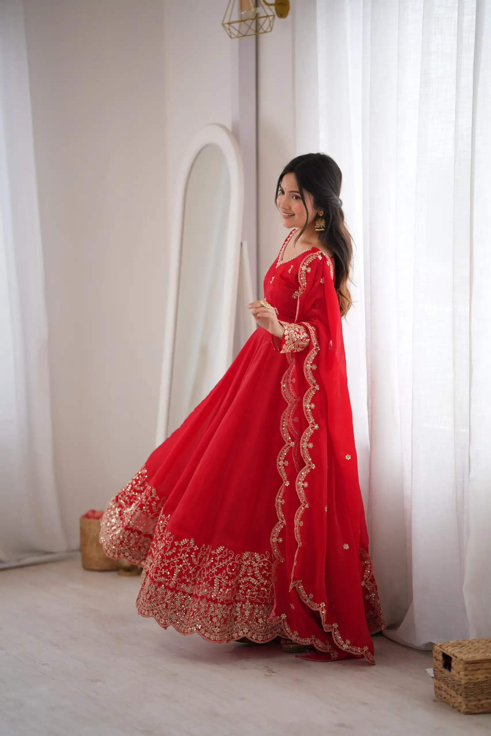 Fancy Red Fendy Silk Embroider Sequins Work Gown - Image 9